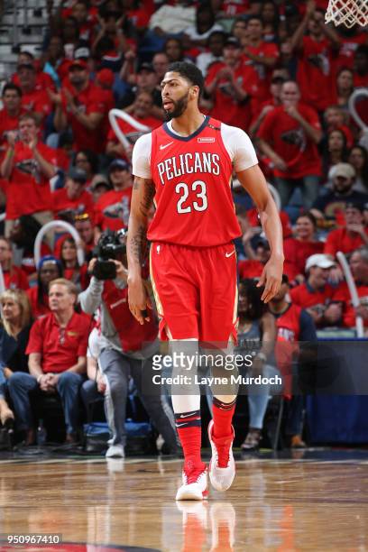 Anthony Davis of the New Orleans Pelicans walks on the court during the game against the Portland Trail Blazers in Game Four of Round One of the 2018...