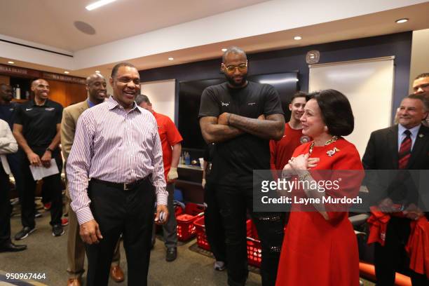 Head Coach Alvin Gentry of the New Orleans Pelicans, DeMarcus Cousins of the New Orleans Pelicans, and Team Owner Gayle Benson of the New Orleans...