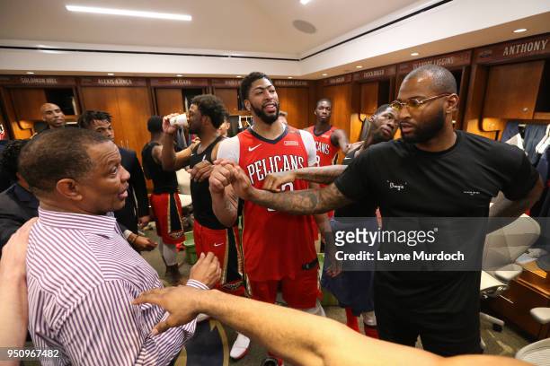 Head Coach Alvin Gentry of the New Orleans Pelicans, Anthony Davis of the New Orleans Pelicans, and DeMarcus Cousins of the New Orleans Pelicans...