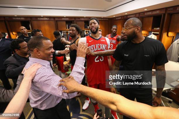 Head Coach Alvin Gentry of the New Orleans Pelicans, Anthony Davis of the New Orleans Pelicans, and DeMarcus Cousins of the New Orleans Pelicans...