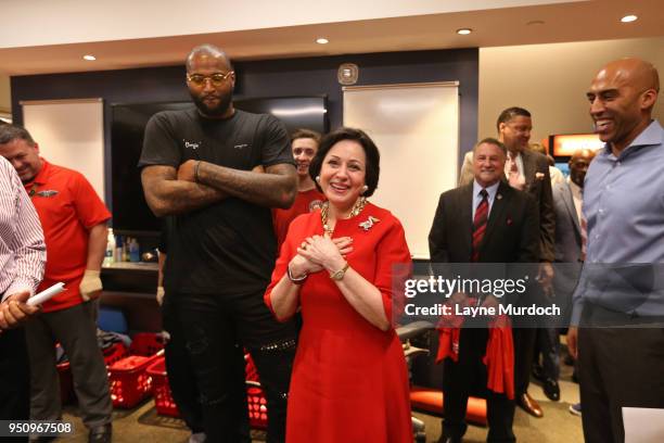Team Owner Gayle Benson of the New Orleans Pelicans reacts after the game against the Portland Trail Blazers in Game Four of Round One of the 2018...