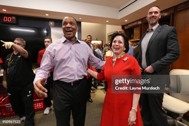 Head Coach Alvin Gentry of the New Orleans Pelicans and Team Owner Gayle Benson of the New Orleans Pelicans react after the game against the Portland...