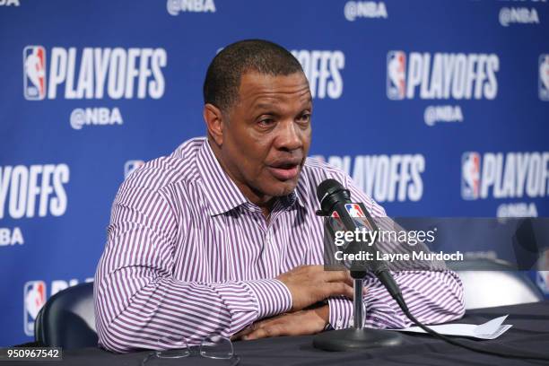 Head Coach Alvin Gentry of the New Orleans Pelicans speaks with media after the game against the Portland Trail Blazers in Game Four of Round One of...