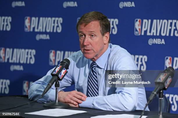 Head Coach Terry Stotts of the Portland Trail Blazers speaks with media after the game against the New Orleans Pelicans in Game Four of Round One of...