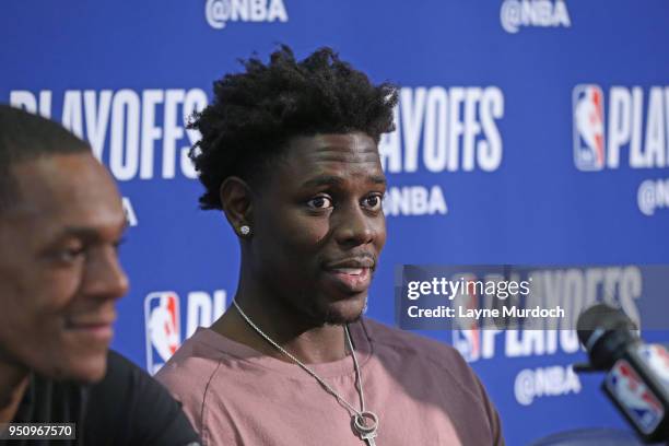 Jrue Holiday of the New Orleans Pelicans speaks with media after the game against the Portland Trail Blazers in Game Four of Round One of the 2018...