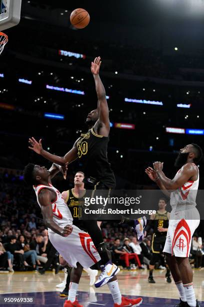 Julius Randle of the Los Angeles Lakers attempts a lay up during the game against the Houston Rockets on April 10, 2018 at STAPLES Center in Los...
