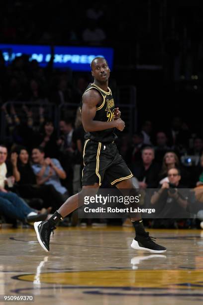 Andre Ingram of the Los Angeles Lakers plays during the game against the Houston Rockets on April 10, 2018 at STAPLES Center in Los Angeles,...
