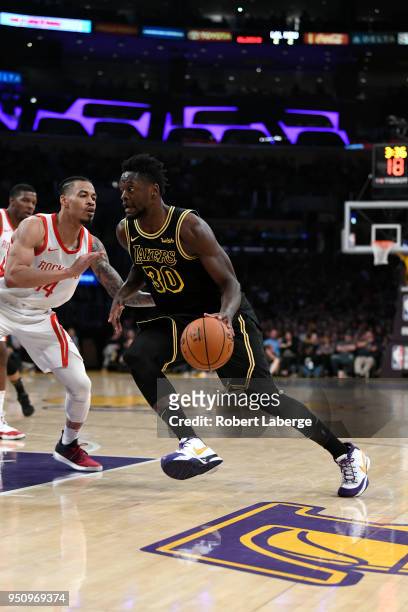 Julius Randle of the Los Angeles Lakers dribbles the ball during the game against the Houston Rockets on April 10, 2018 at STAPLES Center in Los...