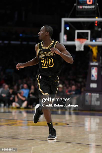 Andre Ingram of the Los Angeles Lakers plays during the game against the Houston Rockets on April 10, 2018 at STAPLES Center in Los Angeles,...