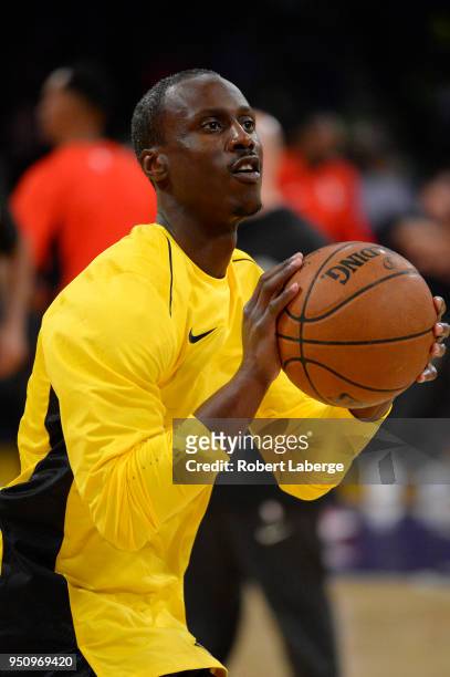 Andre Ingram of the Los Angeles Lakers during pre game warm up before the game against the Houston Rockets on April 10, 2018 at STAPLES Center in Los...