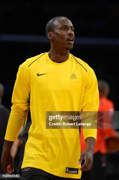 Andre Ingram of the Los Angeles Lakers during pre game warm up before the game against the Houston Rockets on April 10, 2018 at STAPLES Center in Los...