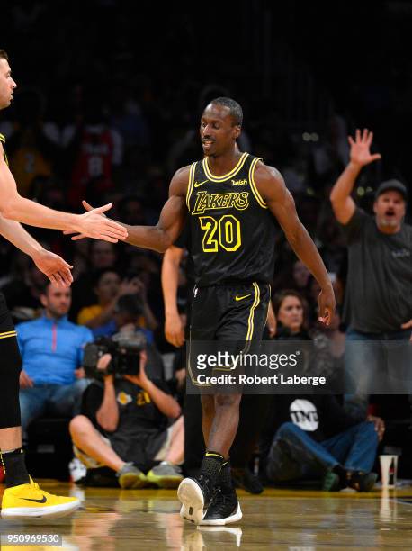 Andre Ingram of the Los Angeles Lakers plays during the game against the Houston Rockets on April 10, 2018 at STAPLES Center in Los Angeles,...