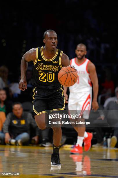 Andre Ingram of the Los Angeles Lakers plays during the game against the Houston Rockets on April 10, 2018 at STAPLES Center in Los Angeles,...