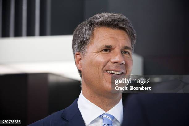 Harald Krueger, chief executive officer and chairman of company's board of management of BMW AG, speaks during a Bloomberg Television interview at...