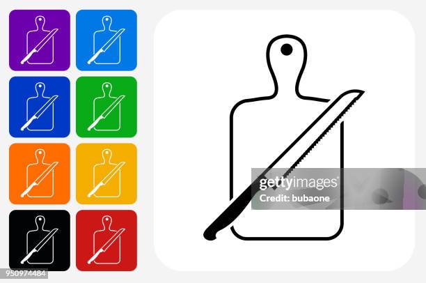 cutting board and knife icon square button set - flies kitchen stock illustrations