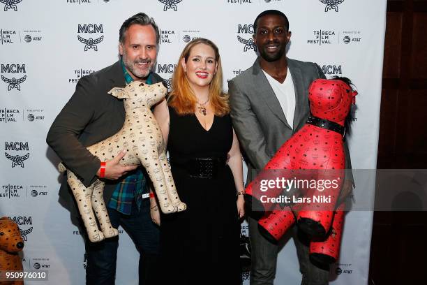 Scott Buccheit, Gillian Hearst and Naeem Delbridge attend the 2018 Tribeca Studios and MCM Sneak Preview Of Women's Hip Hop At Public Hotel on April...