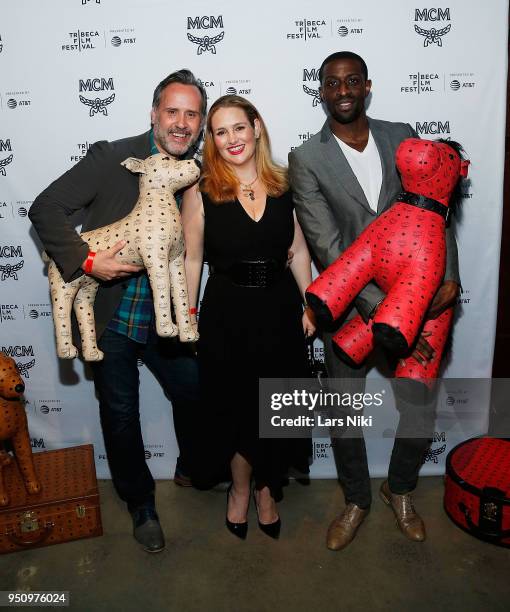 Scott Buccheit, Gillian Hearst and Naeem Delbridge attend the 2018 Tribeca Studios and MCM Sneak Preview Of Women's Hip Hop At Public Hotel on April...