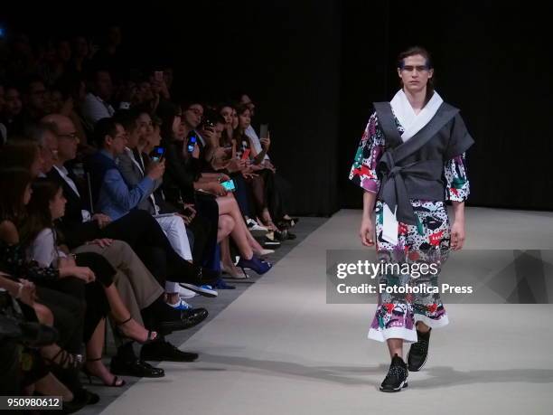 Model walks the runway wearing a design of Pat Sedano during the first day of the Lima Fashion Week Autumn Winter 2018 - LIFWEEKOI18.