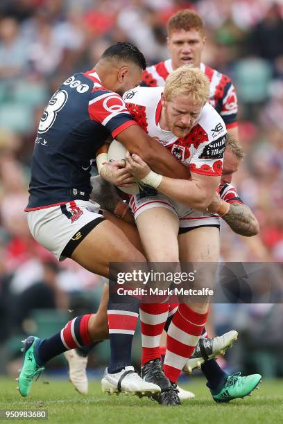 James Graham of the Dragons is tackled during the round eight NRL match between the St George Illawara Dragons and Sydney Roosters at Allianz Stadium...