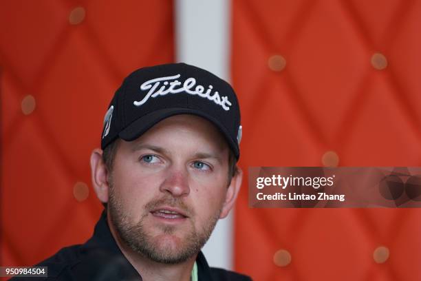 Bernd Wiesberger of Austria attends a press conference prior to the start of the 2018 Volvo China Open at Topwin Golf and Country Club on April 25,...