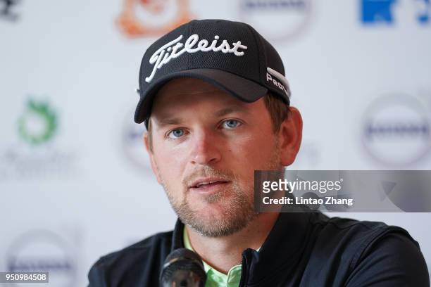 Bernd Wiesberger of Austria attends a press conference prior to the start of the 2018 Volvo China Open at Topwin Golf and Country Club on April 25,...