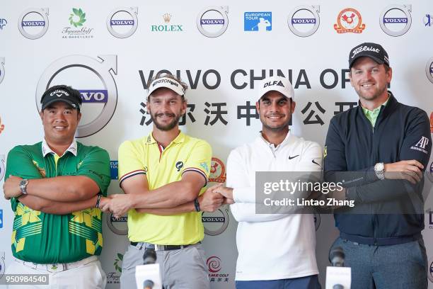 Kiradech Aphibarnrat of Thailand, Joost Luiten of Netherlands, Shubhankar Sharma of India and Bernd Wiesberger of Austria attend a press conference...