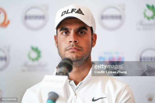 Shubhankar Sharma of India attend a press conference prior to the start of the 2018 Volvo China Open at Topwin Golf and Country Club on April 25,...