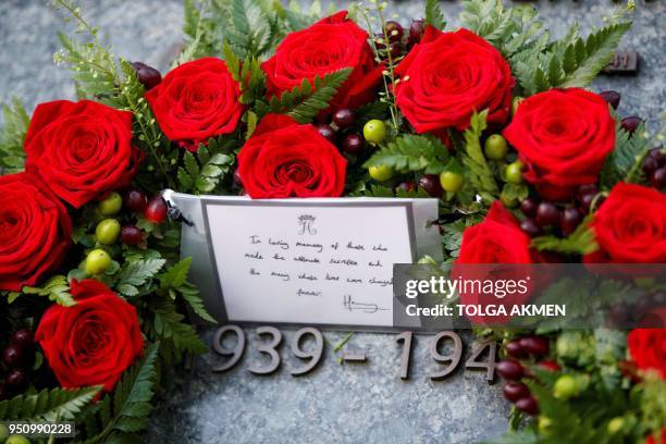 The wreath laid by Britain's Prince Harry is pictured following an Anzac Day dawn service at Hyde Park Corner in London on April 25, 2018. - Anzac...