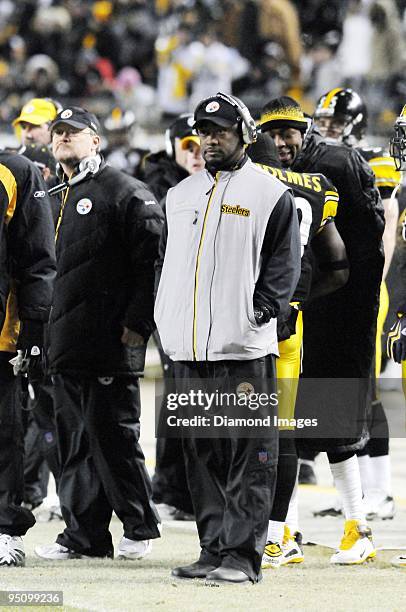 Head coach Mike Tomlin of the Pittsburgh Steelers watches the action from the sideline during a game on December 20, 2009 against the Green Bay...