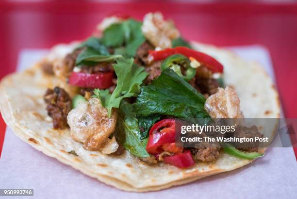 Amaras - beef tendon, chorizo larb, serrano, mint & basil at Taco Bamba in Washington, DC on April 20, 2018.