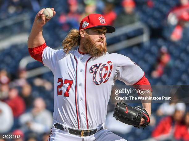 Washington Nationals relief pitcher Shawn Kelley pitches in the 11th inning against the Atlanta Braves at Nationals Park..