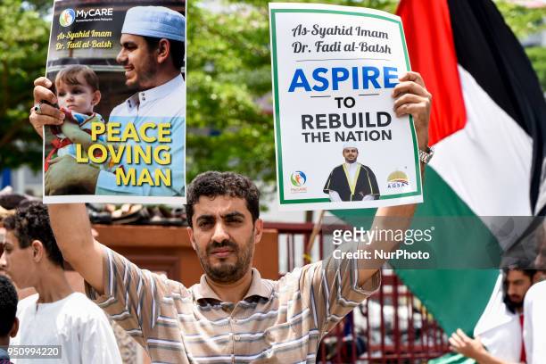 Palestinian protester pictured at the the Surau Medan Idaman mosque in Kuala Lumpur on April 25, 2018. A Palestinian lecture Fadi al-Batsh's body...