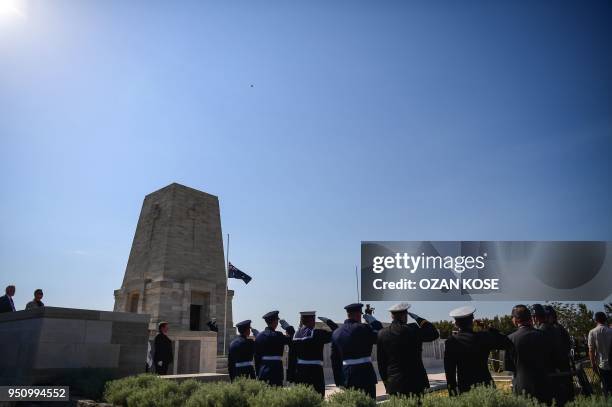 Australian soldiers stand to attention during a wreath-laying ceremony at the Lone Pine Memorial on the 103rd anniversary of ANZAC Day at Lone Pine...