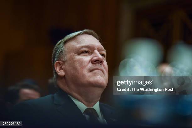 Mike Pompeo, nominated by Donald Trump as Secretary of State to replace Rex Tillerson, sits for a confirmation hearing with the Senate Foreign...