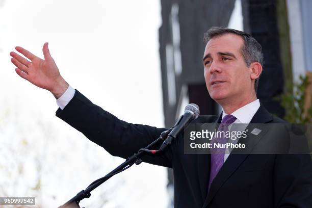 Los Angeles Mayor Eric Garcetti speaks at the Armenian Genocide March for Justice in Los Angeles, California on April 24, 2018.
