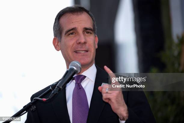 Los Angeles Mayor Eric Garcetti speaks at the Armenian Genocide March for Justice in Los Angeles, California on April 24, 2018.