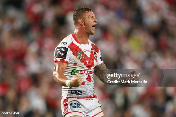 Tariq Sims of the Dragons celebrates victory in the round eight NRL match between the St George Illawara Dragons and Sydney Roosters at Allianz...