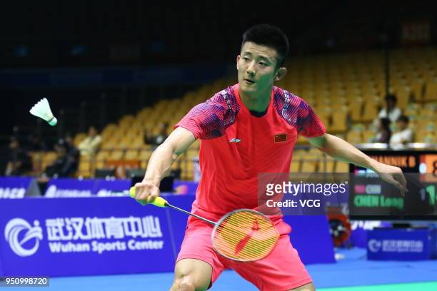 Chen Long of China competes against Bahaedeen Ahmad Alshannik of Jordan during men's singles first round match on day two of 2018 Badminton Asia...