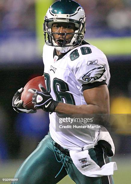 Wide receiver Reggie Brown of the Philadelphia Eagles runs with the ball during a game against the New York Giants on December 13, 2009 at Giants...