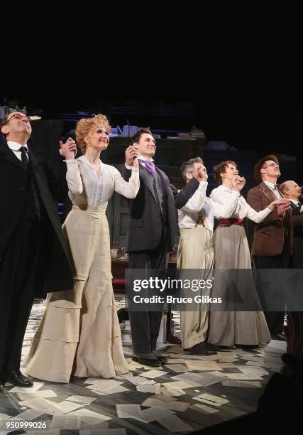 The cast at the opening night curtain call for Tom Stoppard's play "Travesties" on Broadway at The American Airlines Theatre on April 24, 2018 in New...