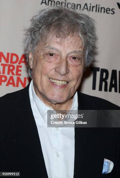 Playwright Tom Stoppard poses at the opening night of Tom Stoppard's play "Travesties" on Broadway at The American Airlines Theatre on April 24, 2018...