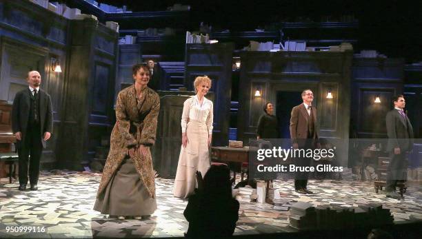 The cast at the opening night curtain call for Tom Stoppard's play "Travesties" on Broadway at The American Airlines Theatre on April 24, 2018 in New...