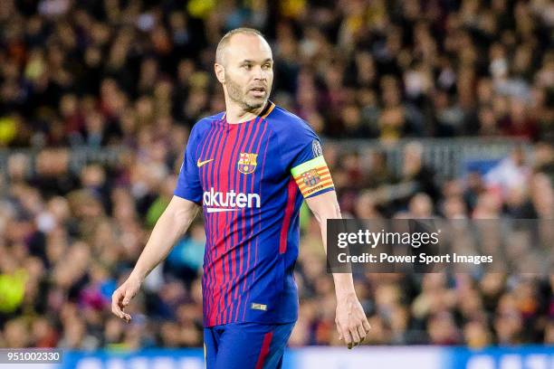 Andres Iniesta Lujan of FC Barcelona reacts during the UEFA Champions League 2017-18 quarter-finals match between FC Barcelona and AS Roma at Camp...