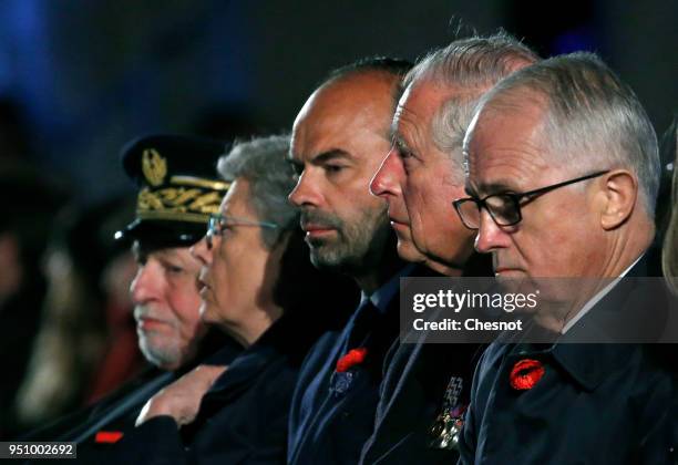 French Prime Minister Edouard Philippe , Australia's Prime Minister Malcolm Turnbull and Prince Charles, Prince of Wales attend the ceremony of the...