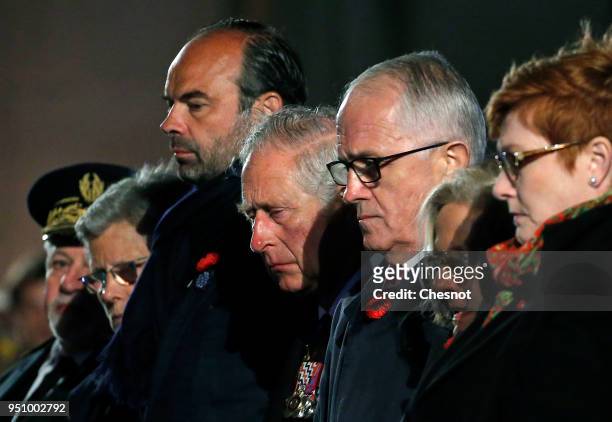 French Prime Minister Edouard Philippe , Australia's Prime Minister Malcolm Turnbull and Prince Charles, Prince of Wales attend the ceremony of the...