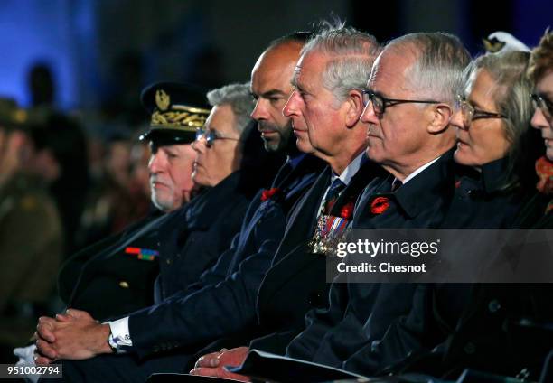 French Prime Minister Edouard Philippe , Australia's Prime Minister Malcolm Turnbull and Prince Charles, Prince of Wales attend the ceremony of the...