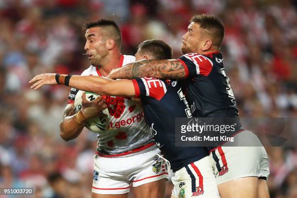 Paul Vaughan of the Dragons is tackled during the round eight NRL match between the St George Illawara Dragons and Sydney Roosters at Allianz Stadium...