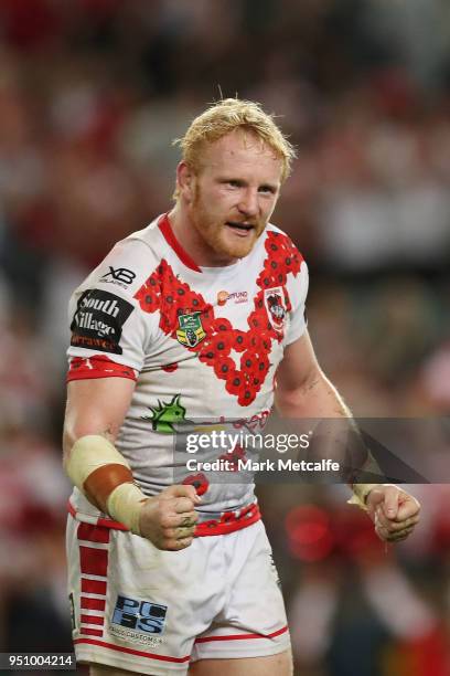 James Graham of the Dragons celebrates victory in the round eight NRL match between the St George Illawara Dragons and Sydney Roosters at Allianz...