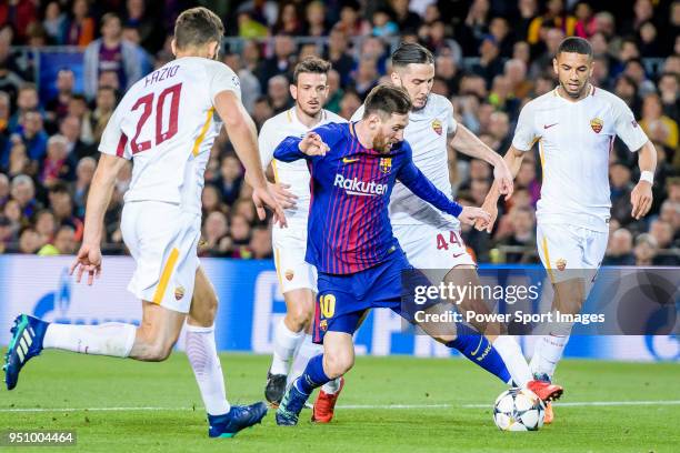 Lionel Andres Messi of FC Barcelona fights for the ball with Kostas Manolas of AS Roma during the UEFA Champions League 2017-18 quarter-finals match...