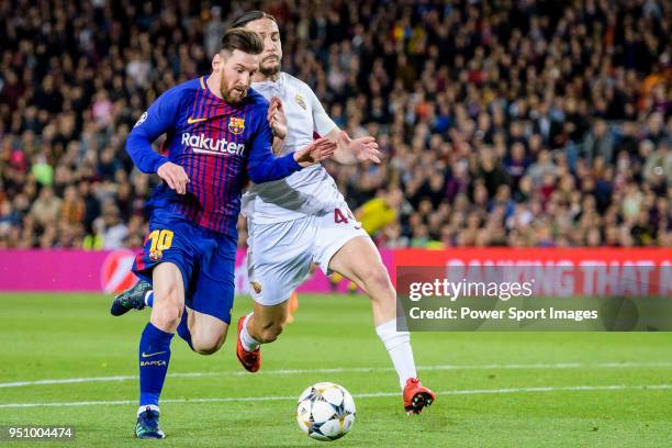 Lionel Andres Messi of FC Barcelona fights for the ball with Kostas Manolas of AS Roma during the UEFA Champions League 2017-18 quarter-finals match...